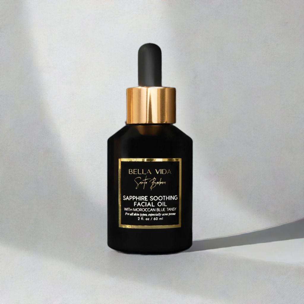 Bella Vida Santa Barbara Luxury Skincare Sapphire Soothing Facial Oil with Blue Tansy for acne prone and oily skin vegan, clean, cruelty-free